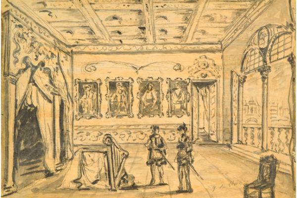 De Chirico, Scena per l'Otello di Rossini, 1954, carboncino acquarellato su cartoncino, cm 25,4x36,5